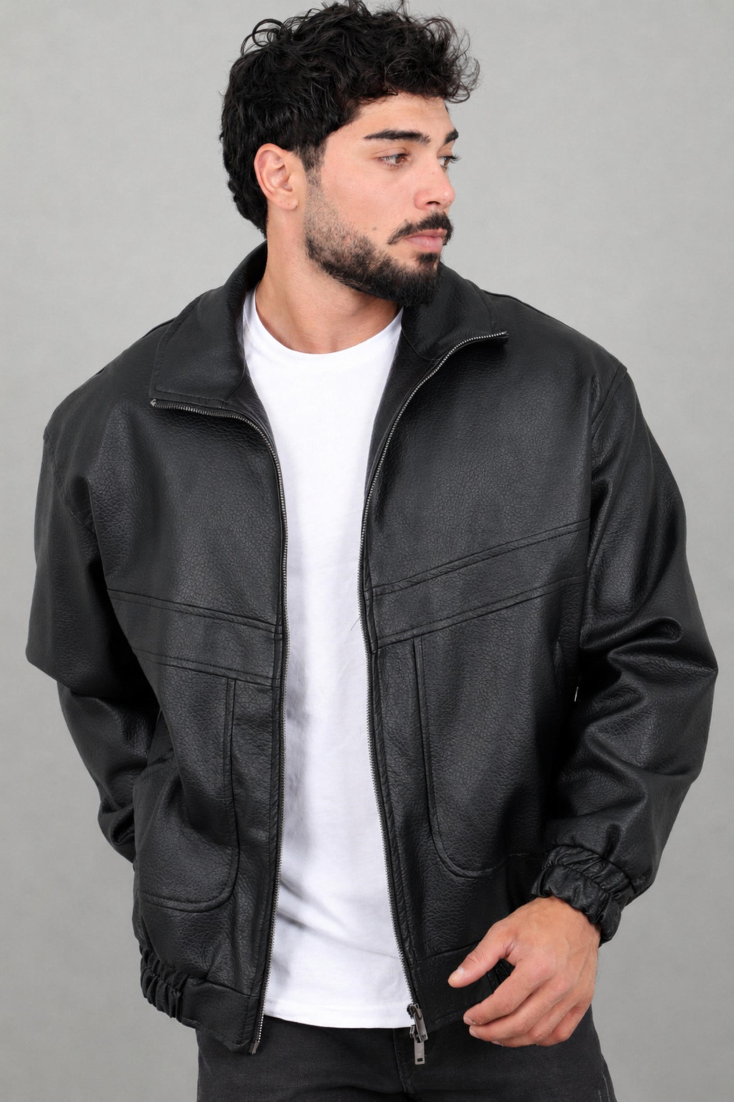 Oversize Dik Yaka Desenli Suni Deri Mont KMD 881