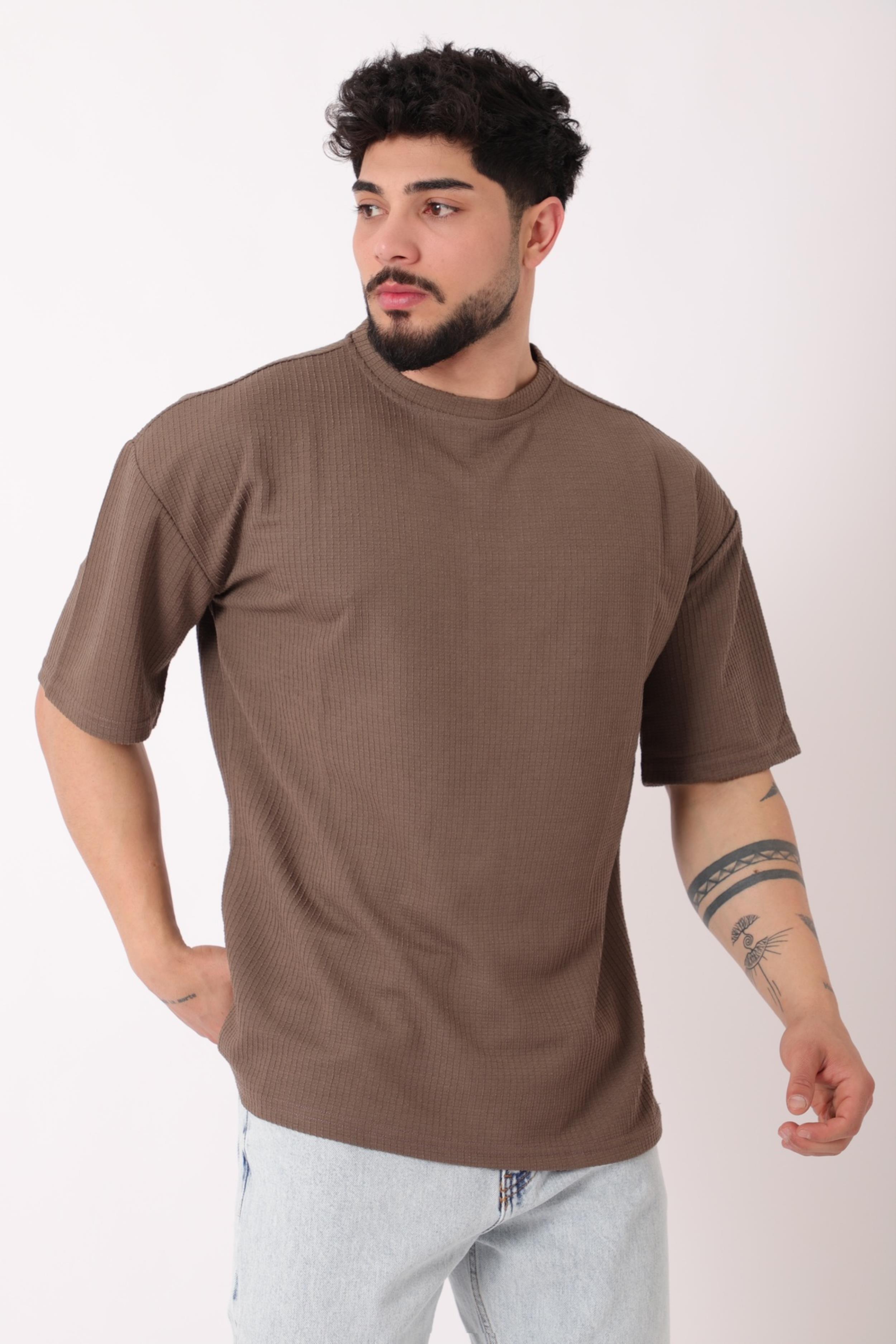 Petekli Model Bisiklet Yaka Oversize Tişört STU-2468_30462