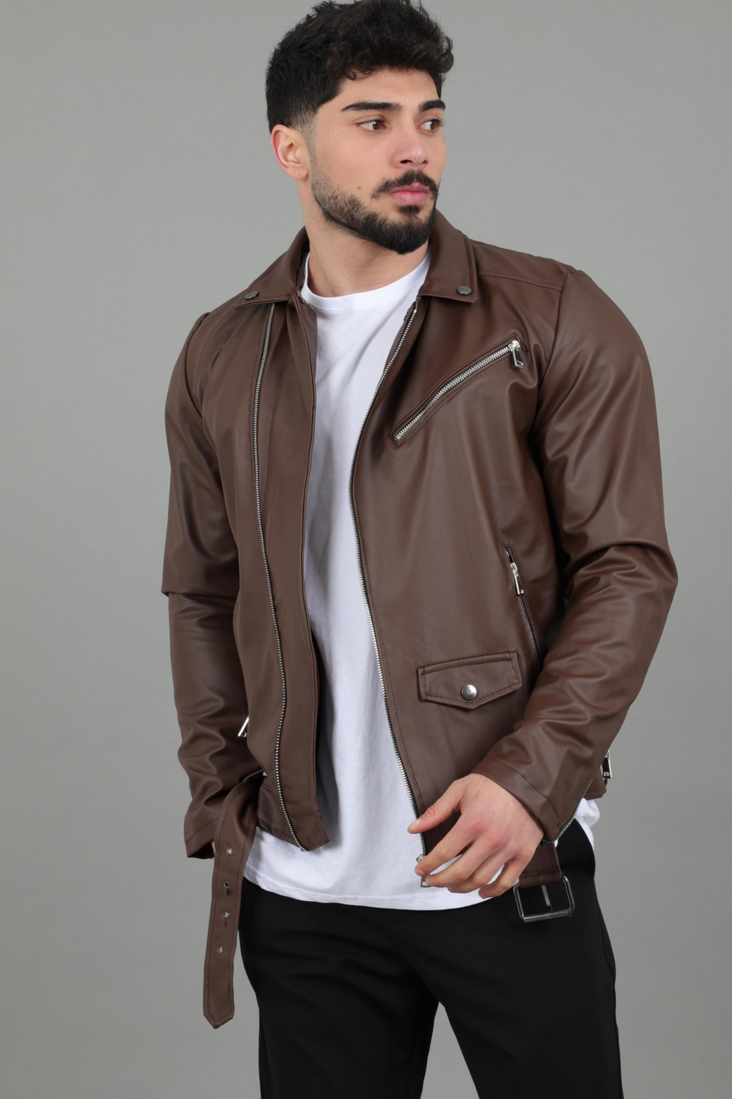 Stil Kombin Kuzey Beli Kemerli Suni Deri Ceket BL 1261