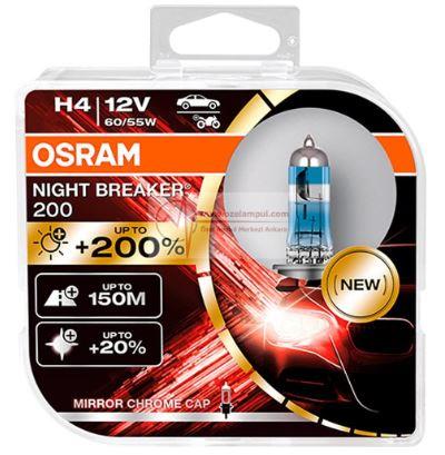 12V H4 AMPÜL %200. FAZLA IŞIK NIGHT BREAKER +20 BEYAZ  TAKIM