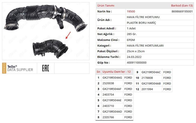 HAVA FİLTRE HORTUMUPLASTİK BORU HARİÇ FORD TOURNEO CUSTOM V362 MİNİBÜS/OTOBÜS (F3)FORD TRANSIT V363 MİNİBÜS/OTOBÜS (FAD, FBD)FORD TRANSIT V363 PANELVAN/VAN (FCD, FDD)FORD TRANSIT V363 PLATFORM ŞASİ (FED, FFD)