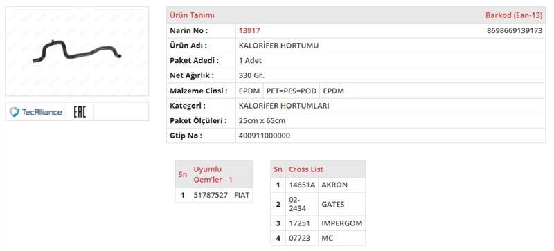 KALORİFER HORTUMU FIAT 500 1.2