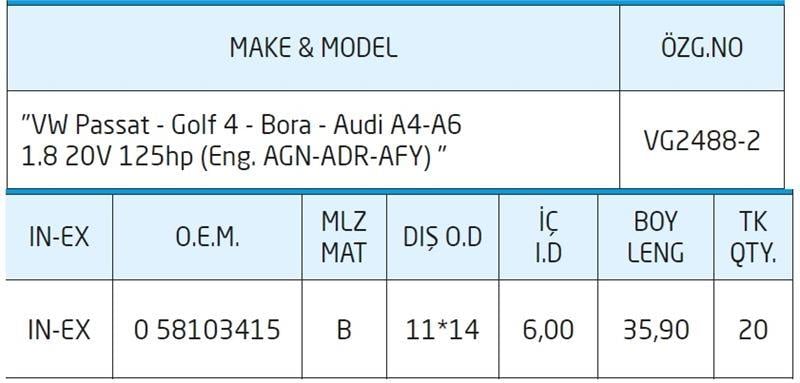 SUBAP GAYDI BRONZ VW PASSAT - GOLF 4 - BORA - AUDİ A4-A6 1.8 20V 125HP (ENG. AGN-ADR-AFY)