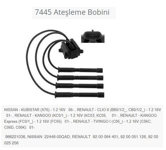 ATEŞLEME BOBİNİ NISSAN - KUBISTAR X76 - 1.2 16V 06 -.RENAULT - CLIO II BB0/1/2_. CB0/1/2_ - 1.2 16V 01-.RENAULT - KANGOO KC0/1_ - 1.2 16V KC03. KC05. 01-.RENAULT - KANGOO EXPRESS FC0/1_ - 1.2 16V FC05 01-.RENAULT - TWINGO I C06_ - 1.2 16V C06C. C06D.