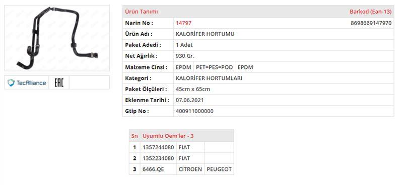 KALORİFER HORTUMU FIAT DUCATO III 3.0 JTDPEUGEOT B OXER III 3.0 HDICITROEN JUMPER III 3.0 HDI