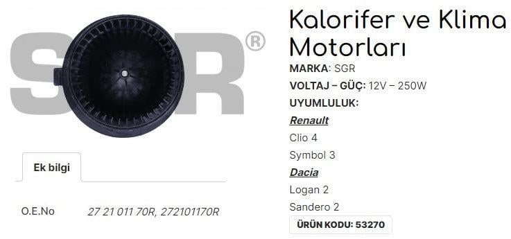 KALORİFER MOTORU CLIO 4 - SYMBOL 3 - DACIA LOGAN 2 - SANDERO 2 272101170R