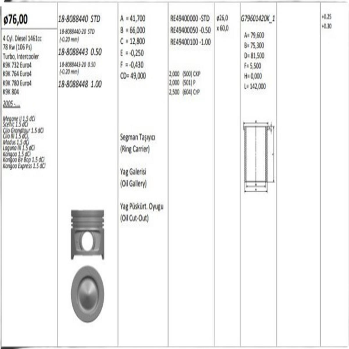 MOTOR PISTON+SEGMANI MEGANE II SCENIC CLIO III MODUS LAGUNA III KANGOO (1.5DCI EURO4 K9K) [(76.00MM)