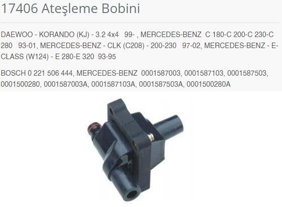 ATEŞLEME BOBİNİ DAEWOO - KORANDO KJ - 3.2 4×4 99-. MERCEDES-BENZ C 180-C 200-C 230-C 280 93-01. MERCEDES-BENZ - CLK C208 - 200-230 97-02. MERCEDES-BENZ - E-CLASS W124 - E 280-E 320 93-95