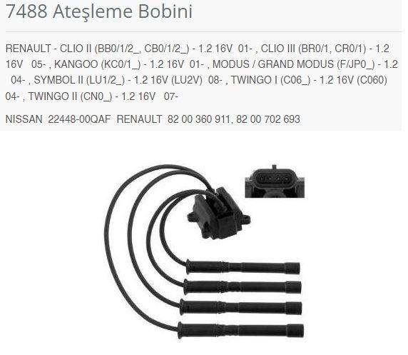 ATEŞLEME BOBİNİ RENAULT - CLIO II BB0/1/2_. CB0/1/ 2_ - 1.2 16V 01-.CLIO III BR0/1. CR0/1 - 1.2 16V 05-.KANGOO KC0/1_ - 1.2 16V 01-.MODUS / GRAND MODUS F/JP0_ - 1.2 04-.SYMBOL II LU1/2_ - 1.2 16V LU2V 08-.TWINGO I C06_ - 1.2 16V C060 04-.TWINGO II CN0