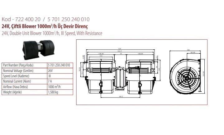 BLOWER 24V YENİ MODEL  ÇİFTLİ 335 -  1120 M3/D ÜÇ DEVİR 5701250240003