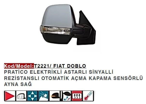DIŞ DİKİZ AYNASI SAĞ ELEKTRİKLİ KATLANIR ASTARLI SINYALLI DOBLO PRATICO ÇIFT CAMLI