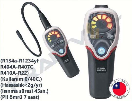 ELEKTRONIK KAÇAK TESPIT CIHAZI-(R134a-R1234yf-R404A-R407C-R410A-R22)-(Kullanim 0/40C.)-(Hassaslik<2g/yr)-(Isinma süresi 45sn.)-(Pil ömrü 7 saat)