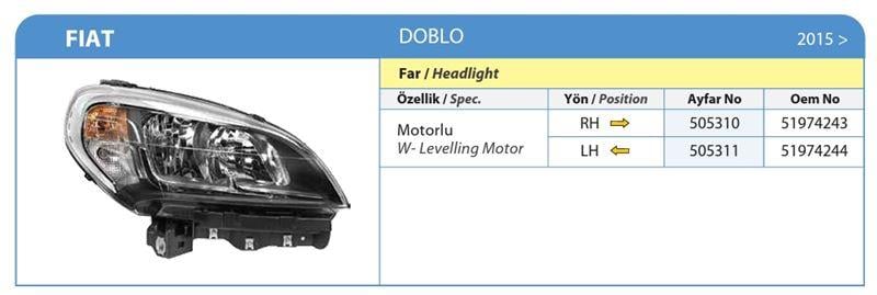 FAR KOMPLE SAĞ MOTORLU KROM ÇERÇEVE DOBLO 2015->