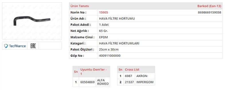 HAVA FİLTRE HORTUMU ALFA ROMEO 33 1.3 / 1.5 79 HP