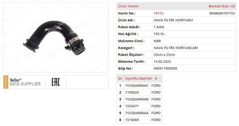 HAVA FİLTRE HORTUMU FORD FIESTA VI (CB1, CCN)FORD FIESTA VI VAN