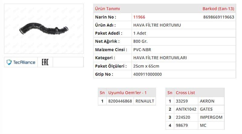 HAVA FİLTRE HORTUMU RENAULT CLIO III / MODUS 1.5DCI