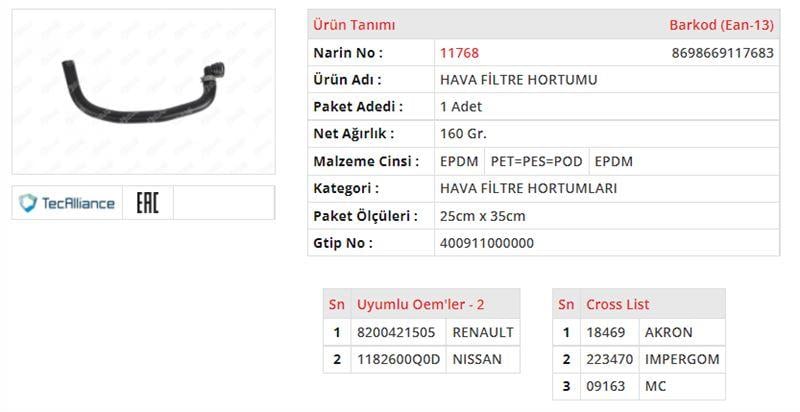 HAVA FİLTRE HORTUMU RENAULT KANGOO II / MEGANE II-III / CLIO III / MODUS / FLUENCE / KADJAR 1.5DCI 85 / 105 HP NISSAN NOTE / QASHQAI / QASHQAI +2 / TIIDA 1.5 DCI