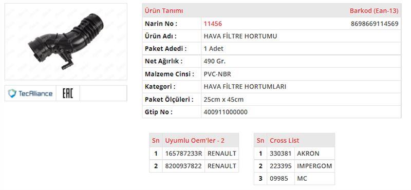 HAVA FİLTRE HORTUMU RENAULT MEGANE III / FLUENCE 1.6 16V