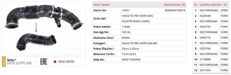 HAVA FİLTRE HORTUMUPLASTİK BORU HARİÇ FORD TOURNEO CUSTOM V362 MİNİBÜS/OTOBÜS (F3)FORD TRANSIT V363 MİNİBÜS/OTOBÜS (FAD, FBD)FORD TRANSIT V363 PANELVAN/VAN (FCD, FDD)FORD TRANSIT V363 PLATFORM ŞASİ (FED, FFD)