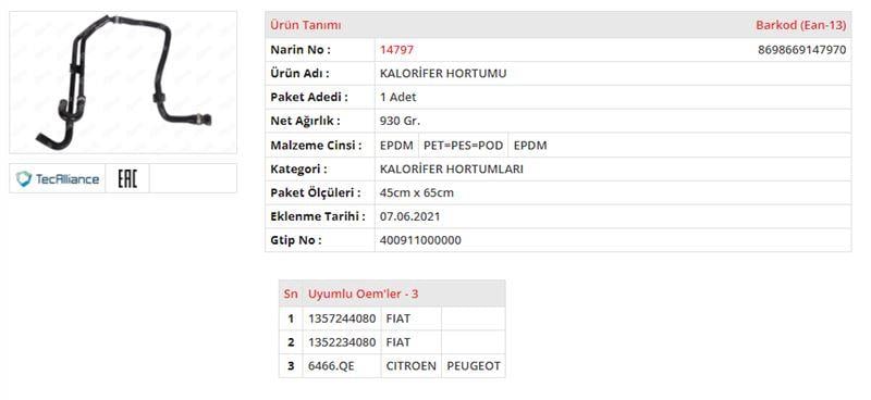 KALORİFER HORTUMU FIAT DUCATO III 3.0 JTDPEUGEOT B OXER III 3.0 HDICITROEN JUMPER III 3.0 HDI