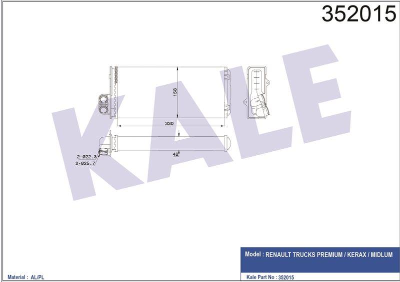 KALORİFER RADYATÖRÜ RENAULT TRUCKS RENAULT TRUCKS KERAX 97=> MIDLUM 00=> PREMIUM 96=> AL/BRZ 330×158×42