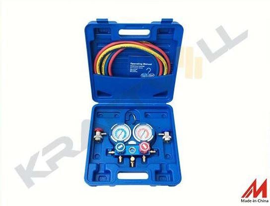 MANIFOLD 2 YÖNLÜ 1/4 SAE BAGLANTILI  (R22, R134a, R404a, R407c, UYUMLU)+(3 ADET 180CM. HORTUM+2 ADET R134a KAPLIN)