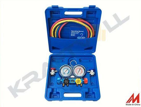 MANIFOLD 4 YÖNLÜ 1/4 SAE BAGLANTILI  (R22, R134a, R404a, R407c, UYUMLU)+(3 ADET 180CM. HORTUM+2 ADET R134a KAPLIN)