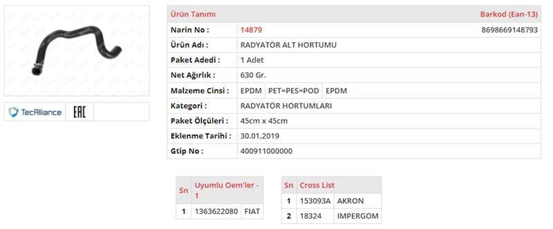 RADYATÖR HORTUMU ALT FIAT DUCATO III 3.0 JTD / 150 HP - 160 HPFIAT DUCATO IV 3.0 JTD / 150 HP - 160 HP