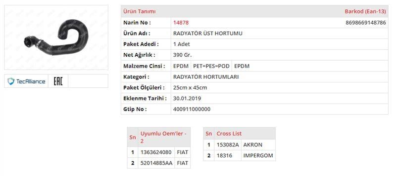 RADYATÖR HORTUMU ÜST FIAT DUCATO III 3.0 JTD / 150 HP - 160 HPFIAT DUCATO IV 3.0 JTD / 150 HP - 160 HP