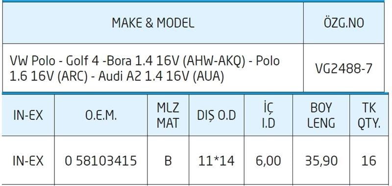 SİBOP GAYDI VOLKSWAGEN PASSAT 1.6 16V 0 58103415