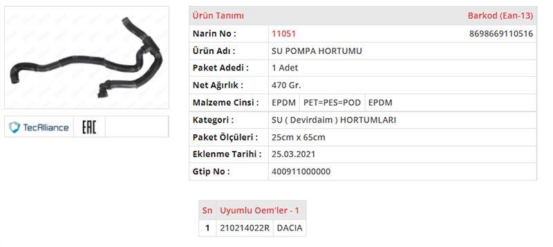 SU DEVİRDAİM HORTUMU DACIA DOKKER 1.5 DCİDACIA LOG AN II 1.5 DCİDACIA SANDERO II 1.5 DCİDACIA DUSTER II 1.5 DCİ