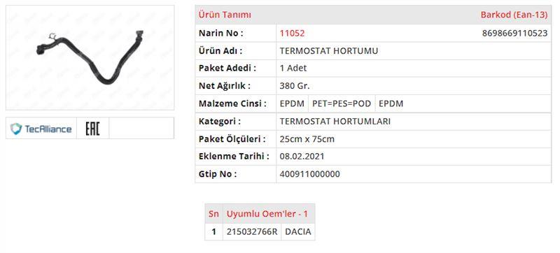 TERMOSTAT HORTUMU DACIA DOKKER 1.5 DCİDACIA LOGAN II 1.5 DCİDACIA SANDERO II 1.5 DCİDACIA DUSTER II 1.5 DCİ