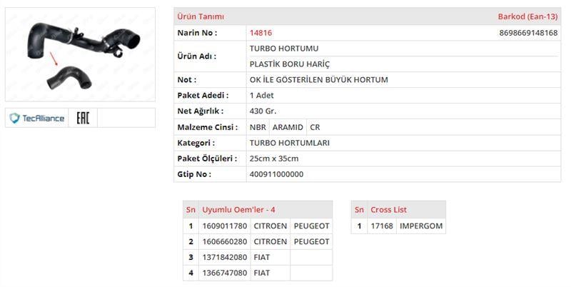 TURBO HORTUMU BÜYÜK PLASTİK PARÇA HARİÇ FIAT DUCATO III 2.2 JTD PEUGEOT BOXER III 2.2 HDI CITROEN JUMPER III 2.2 HDI