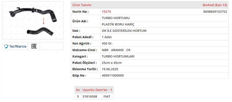 TURBO HORTUMU PLASTİK BORU HARİÇ OK İLE GÖSTERİLEN HORTUM FIAT PUNTO EVO 1.3 MULTIJET GRANDE PUNTO 1.3 MULTIJET 