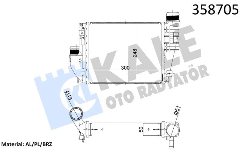 TURBO RADYATÖRÜ PEUGEOT EXPERT TRAVELLER - CITROEN JUMPY SPACETOURER 1.5/1.5/2.0BLUE HDI 16=> - OPEL VIVARO C 1.5 2.0 19=> - TOYOTA PROACE 1.5/1.6/2.0D-4D 16=> BRAZING 300×248,6×50 AL/BRZ