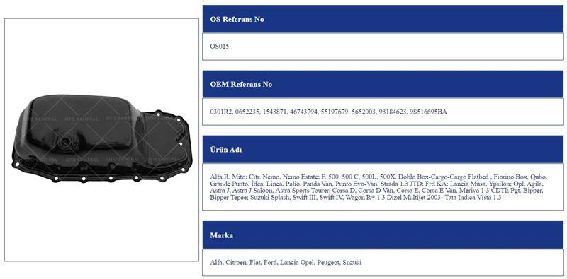 YAĞ KARTERİ FİAT ALBEA DOBLO PALIO 1.3 MTJ ALFA ROMEO CITROEN FIAT FORD LANCIA OPEL PEUGEOT SUZUKI