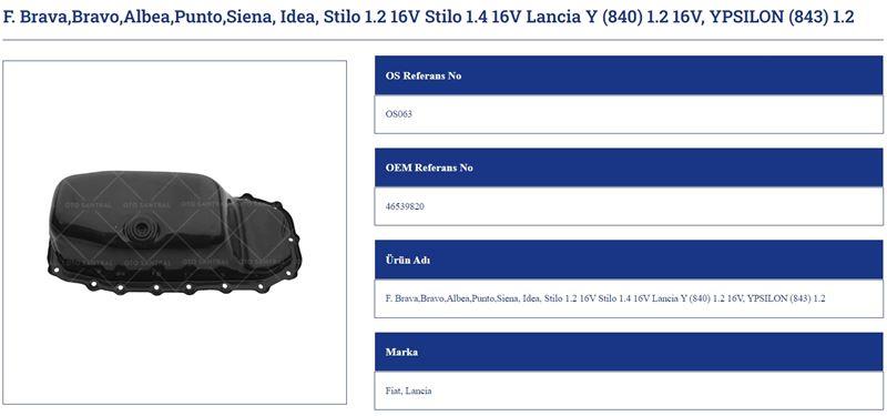 YAĞ KARTERİ FİAT BRAVA BRAVO ALBEA PUNTO SİENA IDEA STILO 1.2 16V STILO 1.4 16V LANCIA Y 840 1.2 16V