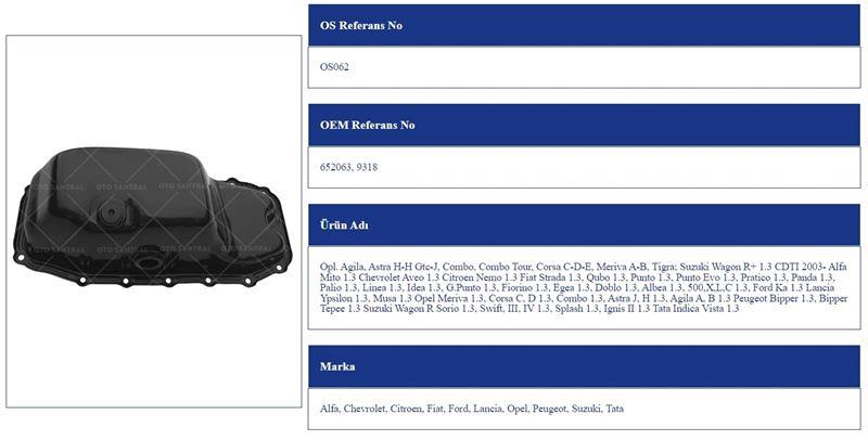 YAĞ KARTERİ OPEL AGİLA ASTRA H-H GTC-J, COMBO, C D-E, MERİVA A-B, TİGRA; SUZUKİ WAGON R+ 1.3 CDTI 2003- TATA ALFA ROMEO FIAT OPEL LANCIA