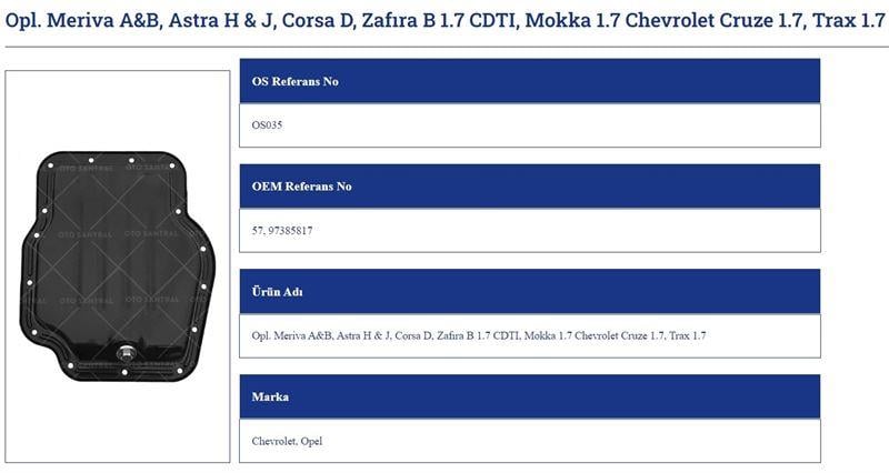 YAĞ KARTERİ OPEL MERİVA ASTRA H J CORSA D ZAFIRA B 1.7 MOKKA 1.7 CHEVROLET CRUZE 1.7 TRAX 1.7