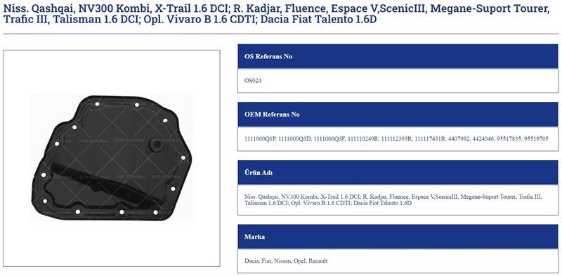 YAĞ KARTERİ RENAULT KADJAR FLUENCE TRAFIC TALISMAN 1.6 DCI QASHQAI XTRAIL VIVARO TALENTO1.6 DACIA FIAT NISSAN OPEL RENAULT