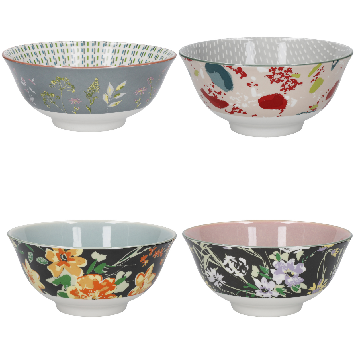 KitchenCraft KCBOWL15PK4FLO Glazed Sırlı Boho Çiçek Desenli Çorba Kase Seti 4lü