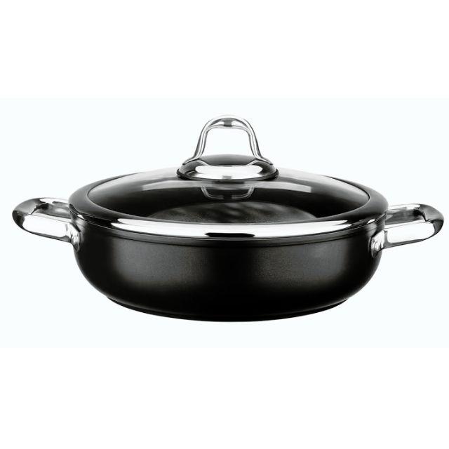 LEGGNO MST2828ST24BK MASTER 24cm sığ tencere, çelik kulp, özel çerçeveli cam kapak siyah