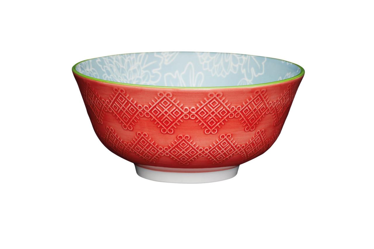 Mikasa KCBOWL13 Glazed Sırlı Seramik Gri Çiçek Desenli Kırmızı Kase