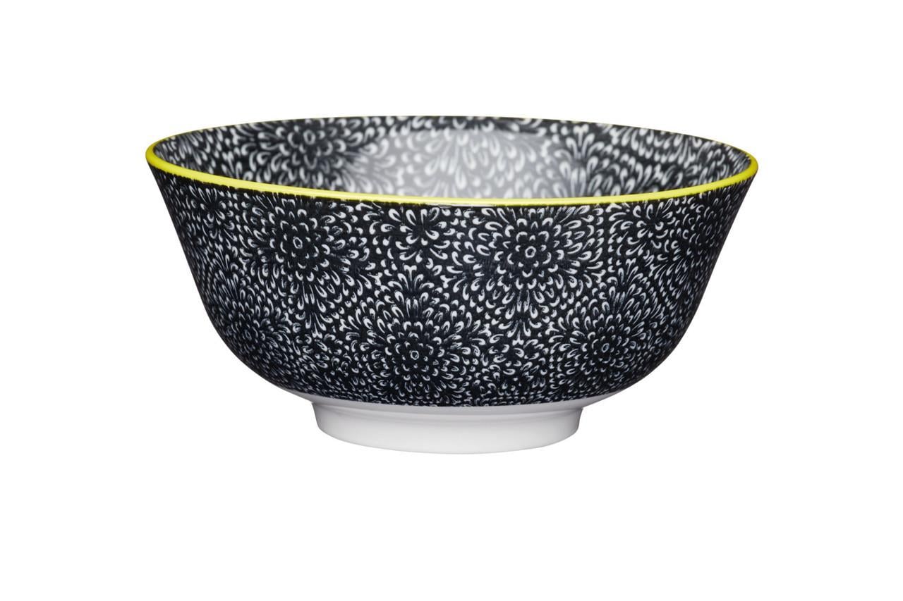 Mikasa KCBOWL15 Glazed Sırlı Seramik Kase Siyah Çiçek Desenli
