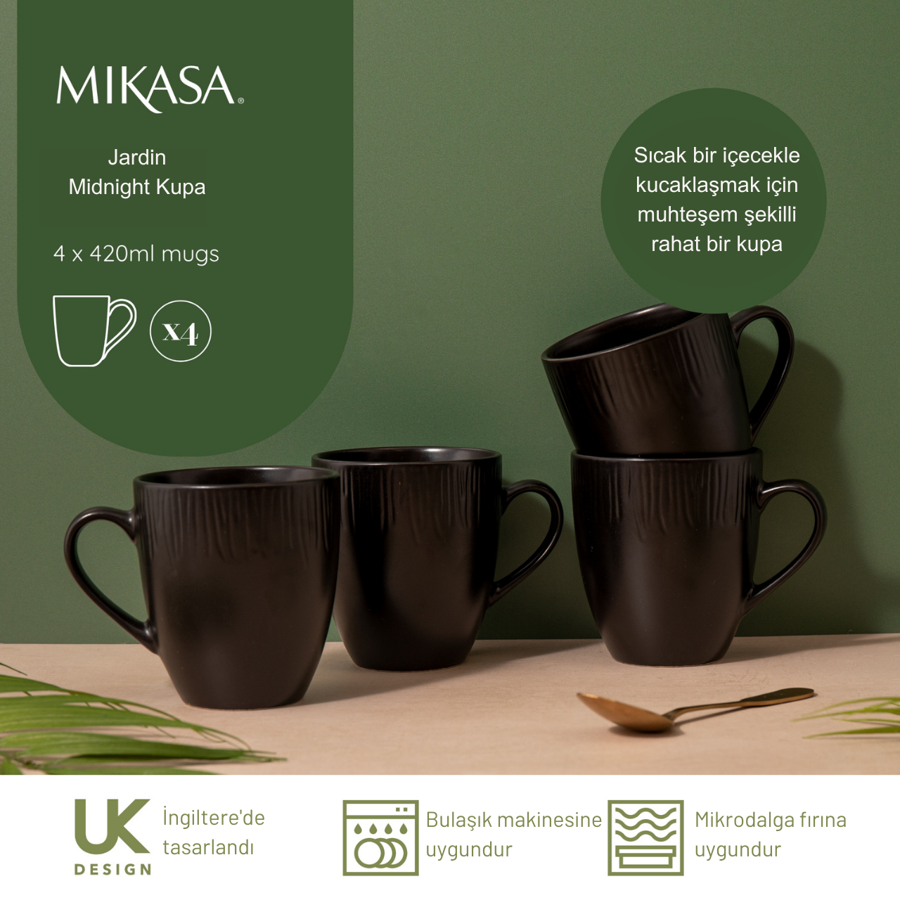 Mikasa MKJDMMUGPK4 Jardin Midnight 4lü 420ml Stoneware Kupa Seti Siyah