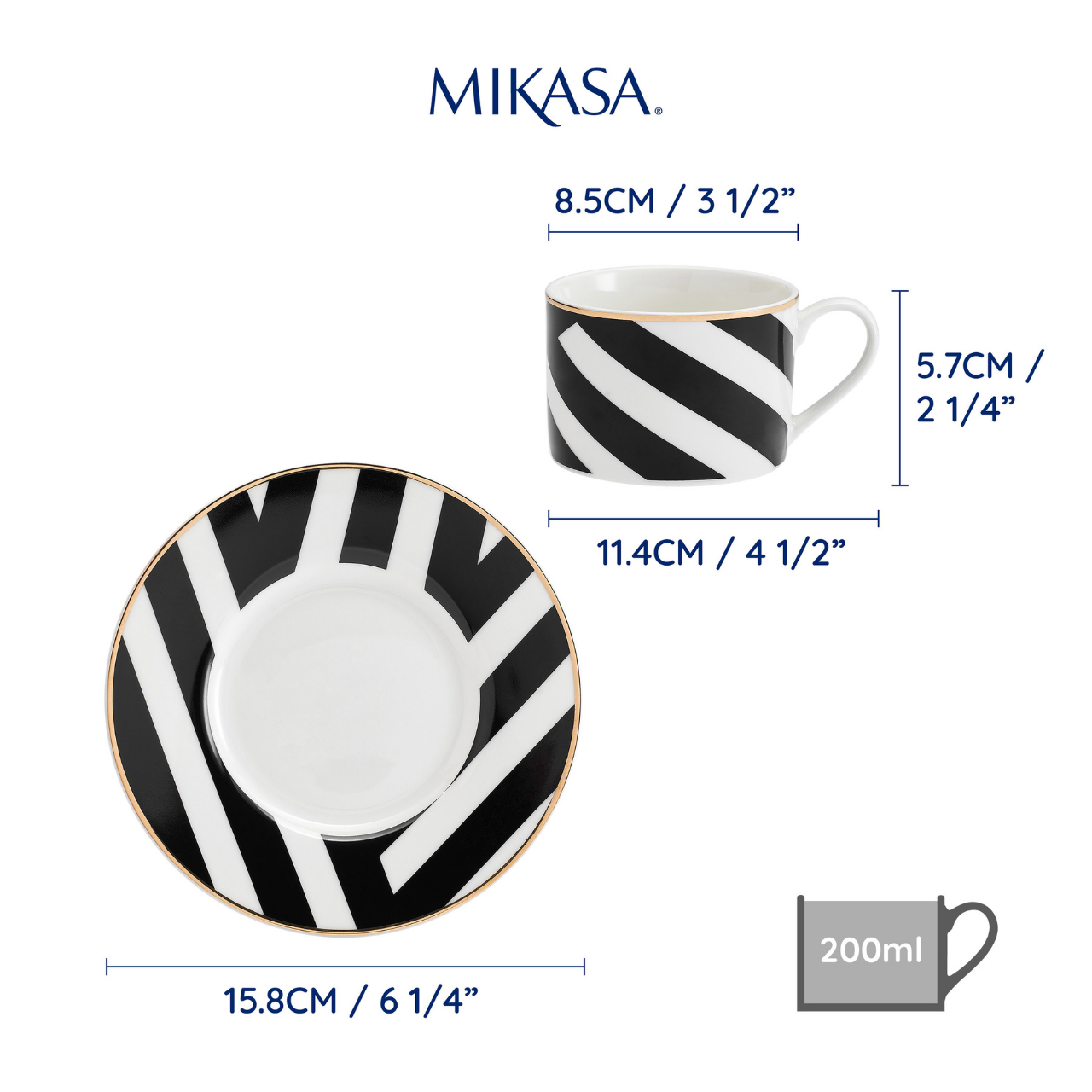 Mikasa MKLDGEOCUPPK2 Luxe Deco Geometrik Çizgili 2li 200ml Çay Fincanı ve Tabaklar Seti