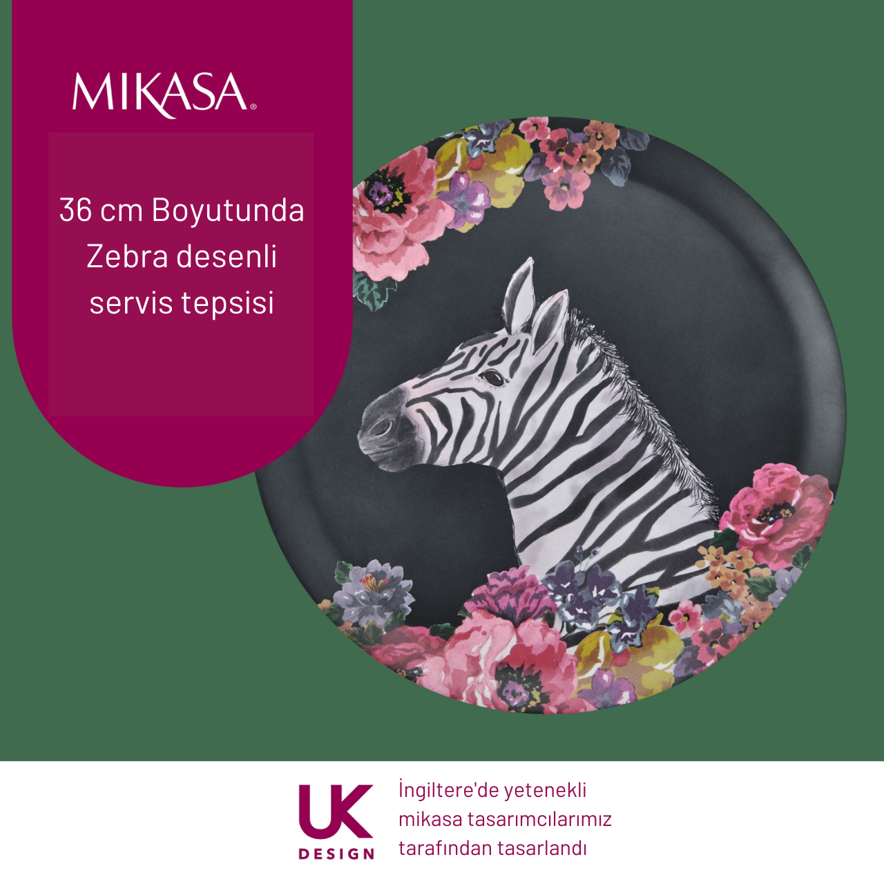 Mikasa MKWILDTRAYZEB Wild at Heart Melamin 36cm Yuvarlak Tepsi Zebra
