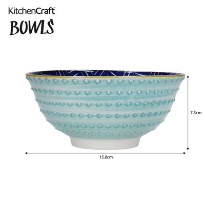 KitchenCraft  KCBOWL15PK4BLU Glazed Sırlı Kırmızı ve Mavi Desenli Çorba Kase Seti 4lü
