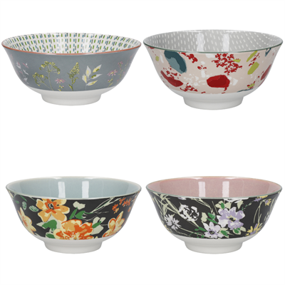 KitchenCraft KCBOWL15PK4FLO Glazed Sırlı Boho Çiçek Desenli Çorba Kase Seti 4lü