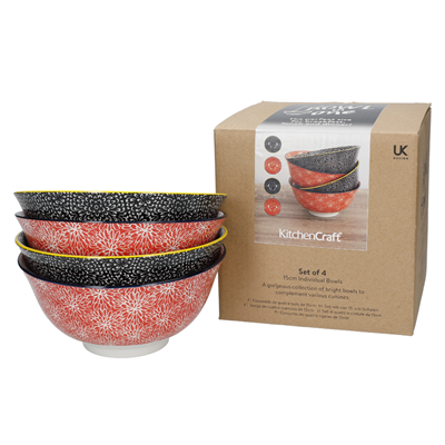 KitchenCraft   KCBOWL15PK4RBK Glazed Sırlı Kırmızı ve Siyah Çiçek Desenli Çorba Kase Seti 4lü